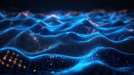 Abstract digital landscape made of glowing blue mesh waves with small orange light particles illuminated in dark background