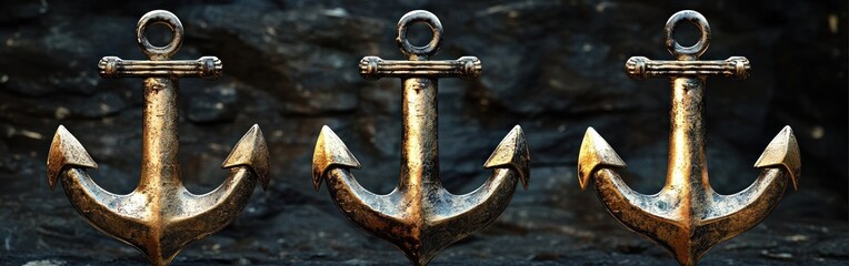 Three old bronze anchors displayed upright against a dark rocky background with a worn metallic texture and warm highlights