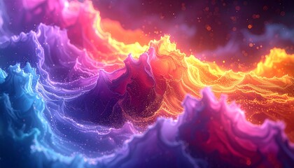 Vibrant abstract cosmic clouds with glowing particles and swirling colorful smoke.