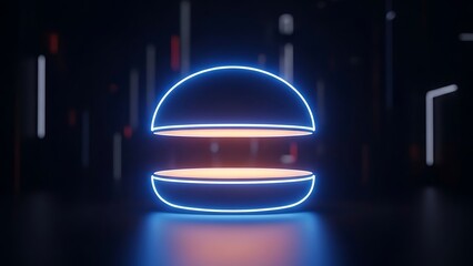 Glowing neon light art of a split abstract sphere shape in a digital future.