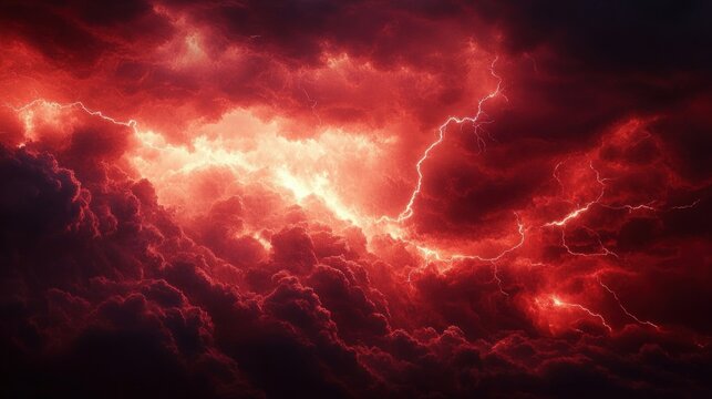 Dark storm clouds illuminated by multiple vivid red lightning strikes creating an intense and dramatic sky scene - Powered by Adobe