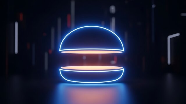 Glowing neon light art of a split abstract sphere shape in a digital future.