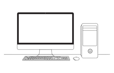 Fototapeta premium Desktop Computer Line Art Illustration with Monitor Keyboard Mouse and CPU for Technology Design Concepts