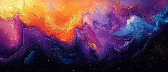 Abstract vibrant swirling colors blending in fluid motion with fiery oranges, deep purples, and cool blues expressing dynamic energy and cosmic mystery