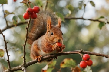 Red squirrel eating a red berry on a tree branch