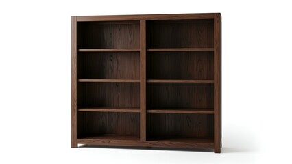 Dark wood bookshelf with symmetrical compartments and multiple shelves, isolated on white