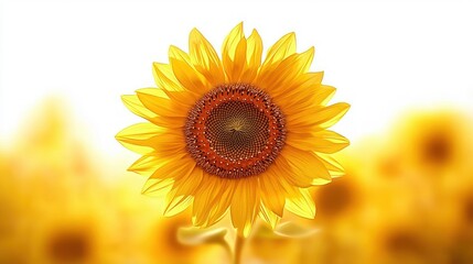 close-up of bright yellow sunflower with detailed center against a blurred background of sunflowers and white sky