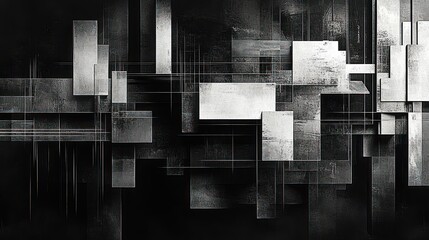 abstract composition of overlapping and intersecting translucent gray and white rectangular shapes on a black background creating a geometric and industrial feel