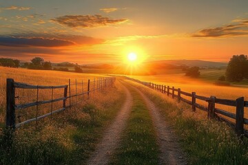 Dirt road between wooden fences leading through grassy fields under a vibrant sunset sky with warm golden light and scattered clouds