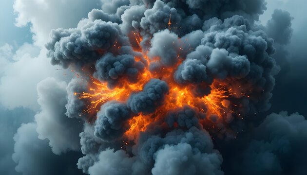Powerful explosion with dense smoke and flames isolated on transparent background