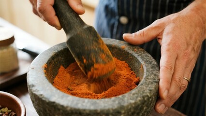 Hands grinding spices in a stone mortar with a pestle