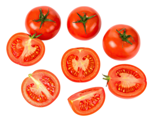 Collection of ripe, red tomatoes, some whole and others sliced, showing juicy insides