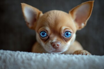 close-up of a small tan chihuahua puppy with large blue eyes looking curiously over a soft white surface