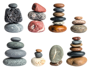 Assortment of balanced rock formations in various shapes, sizes, and colors against transparent background
