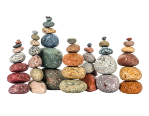 A collection of meticulously balanced rocks forming stacks of varied heights and colors