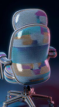 Rhinestone-studded office chair, patterned, with swivel base and castors, stands against dark background