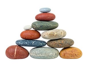 A balanced pyramid of smooth, colorful stones, isolated against a solid black background