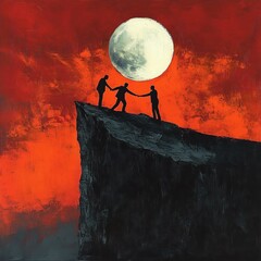 Silhouettes of three people on a cliff against a large full moon and vibrant red-orange sky, showing one person helping another up with a handshake, conveying support and teamwork