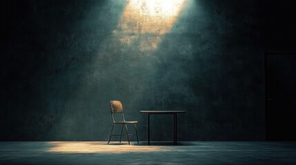 Empty metal chair and table illuminated by a single overhead beam of light in a dark, empty room with textured walls conveying solitude and isolation