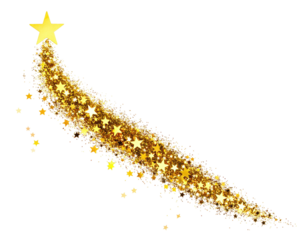 A golden shooting star design with a large star at the tip and trails of smaller stars