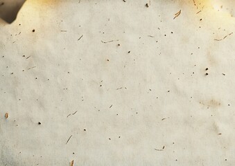 Close-up of old, weathered paper with burnt edges and scattered small debris on surface