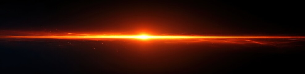 Bright glowing orange light beam stretching horizontally across a dark background with subtle sparks and light rays emitting warmth and intensity