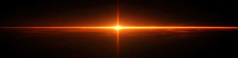 Bright orange sun rising or setting on the horizon over a dark landscape with glowing light and horizontal flare