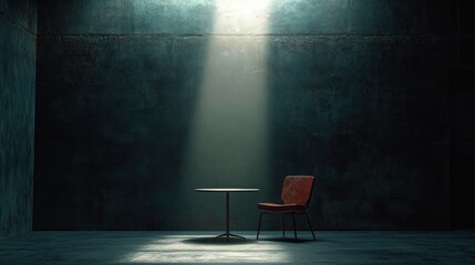 Minimalist dark room with a single round table and a red chair illuminated by a focused beam of light creating a moody and contemplative atmosphere