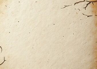 Close-up view of textured beige old paper with scattered small dark specks and partial torn edges on a light surface