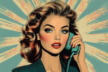 close-up of a glamorous woman with retro wavy hair and bright makeup holding a vintage telephone receiver against a bold sunburst background, looking engaged and confident