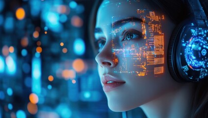 Close-up of a young woman wearing futuristic headphones with glowing digital circuit patterns projected on her face, immersed in a high-tech environment with blue and orange lights