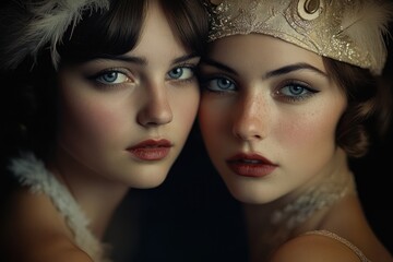 Close-up portrait of two young women with blue eyes, wearing vintage headpieces, soft makeup, and a serious, intense expression in a dark background