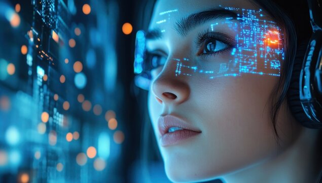 Close-up of a young woman wearing headphones with digital blue and orange holographic data displays reflected on and around her face, depicting futuristic technology and focused concentration - Powered by Adobe