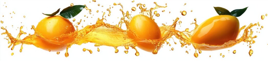 Three ripe mangoes with green leaves splashing through vibrant orange juice against a white background