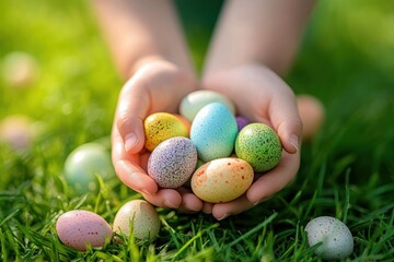 close-up of hands gently holding colorful speckled eggs with more eggs scattered on green grass in soft sunlight