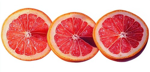 Three fresh vibrant red grapefruit halves arranged side by side showcasing juicy segmented flesh with bright orange rind under clear lighting
