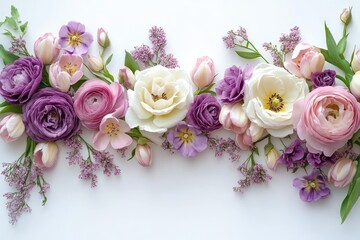 Arrangement of various soft pastel flowers including roses, ranunculus, tulips, and small purple blossoms laid out horizontally on a white background, evoking elegance and calm