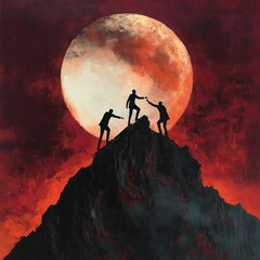 Three silhouetted figures helping each other stand atop a jagged mountain peak with a large glowing full moon illuminating a dramatic red sky background