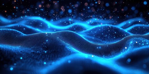 Abstract 3D digital wave landscape with flowing blue grid and glowing particles creating a futuristic and dynamic atmosphere