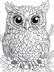 Detailed black and white illustration of a wide-eyed owl with intricate feather patterns perched among flowers and leaves, conveying a calm and attentive mood