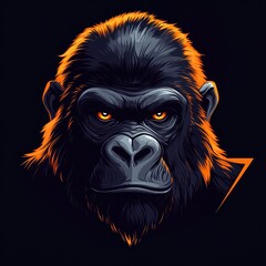 Close-up digital illustration of a fierce gorilla face with glowing orange eyes and vibrant orange highlights on dark fur against a black background