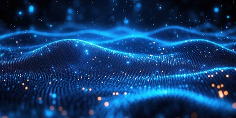 Glowing blue digital wave grid with scattered orange and blue light particles floating in a dark space creating a futuristic and dynamic atmosphere