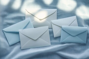 Five pastel-colored envelopes arranged on textured light blue fabric with soft shadows creating a calm and serene atmosphere