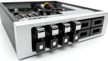 Close-up of a silver computer chassis with visible hard drive bays and internal components