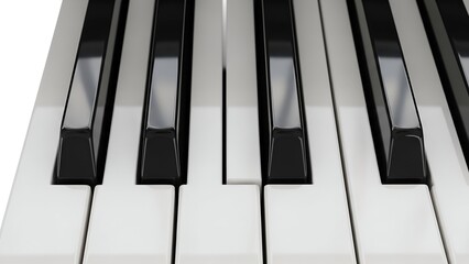 Close-up of a piano keyboard, showing glossy black and white keys, isolated on white