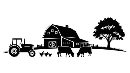 Obraz premium Black and white silhouette of a traditional farm scene with a barn, tractor, grazing cows, chickens, and a tree on rolling hills.