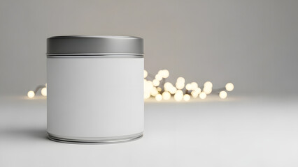 Elegant glass cosmetic jar with a blank white label and a silver lid, ideal for product mockups, set against a soft gray background with warm bokeh lights