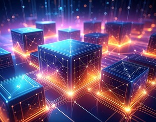 Abstract Technology Cubes with Glowing Connections and Data Streams.