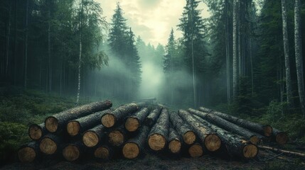 Foggy forest scene with stacked cut tree logs in the foreground surrounded by tall pine and birch trees under a cloudy sky