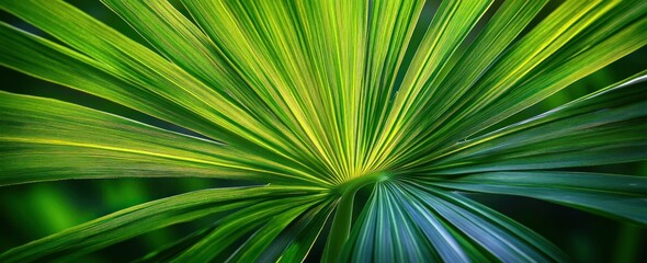 Obraz premium Close-up of a vibrant green palm leaf with radiating lines and natural texture under bright lighting